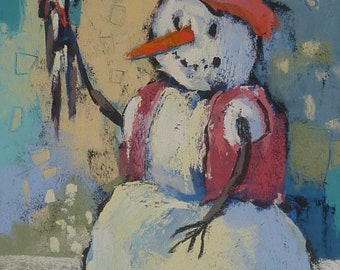 Annual Snowman Painting Original 2022 Artist Pastel Painting  Karen Margulis