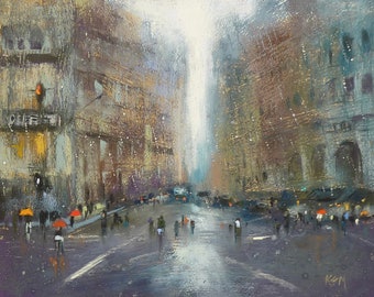 New York City in the Rain Cityscape NYC ART Original Pastel Painting