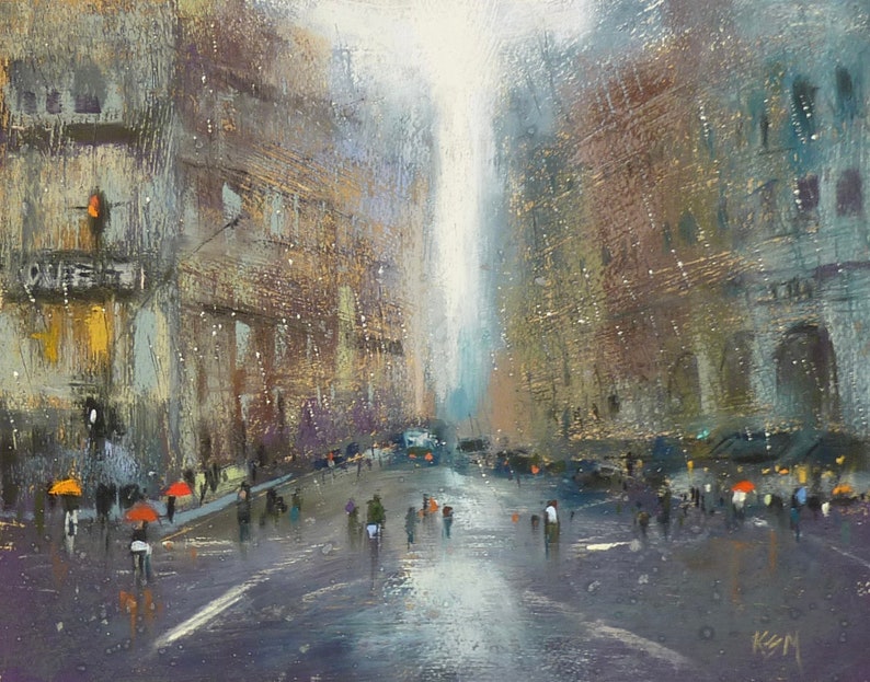 New York City in the Rain Cityscape NYC ART Original Pastel Painting image 1