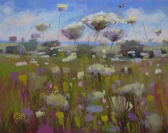 Summer Landscape Queen Annes Lace Wildflowers with Bumblebees Original Pastel Painting Karen Margulis 18x24