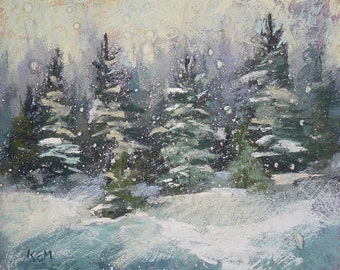 Winter Landscape Snow on Evergreens Original Pastel Painting  Karen Margulis 8x10