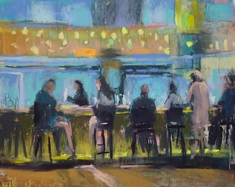 Bar Cruise Night Life Figurative  Original Pastel Painting 9x12