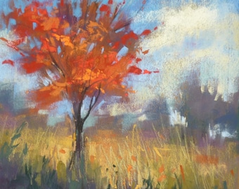 Autumn Contemporary  Landscape Red Trees Original Pastel Painting 10x10