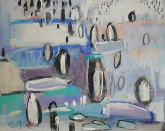 Abstract Antarctica Penguins Original Pastel painting 8x10 ABSTRACT by Karen Margulis psa