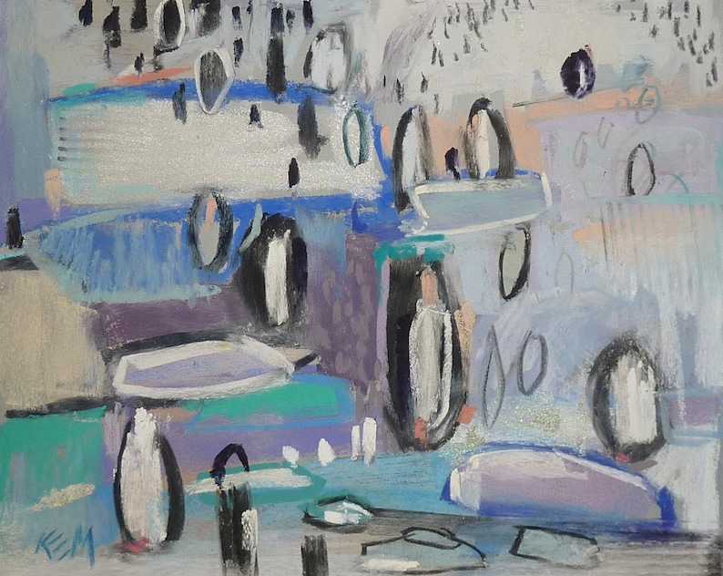 Abstract Antarctica Penguins Original Pastel painting 8x10 ABSTRACT by Karen Margulis psa image 1