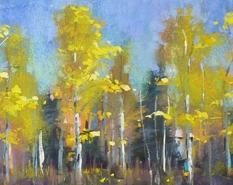 Autumn Contemporary  Landscape Aspen Trees Original Pastel Painting 8x20