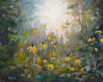 Morning Light FOREST Trees wildflowers Landscape Original Pastel Painting Karen Margulis 8x10