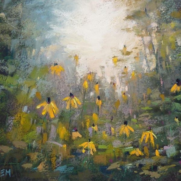 Morning Light FOREST Trees wildflowers Landscape Original Pastel Painting Karen Margulis 8x10