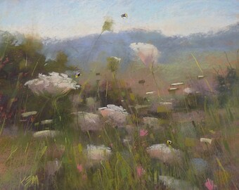 Spring Wildflowers in a Meadow Landscape Original Pastel Painting Karen Margulis 16x20