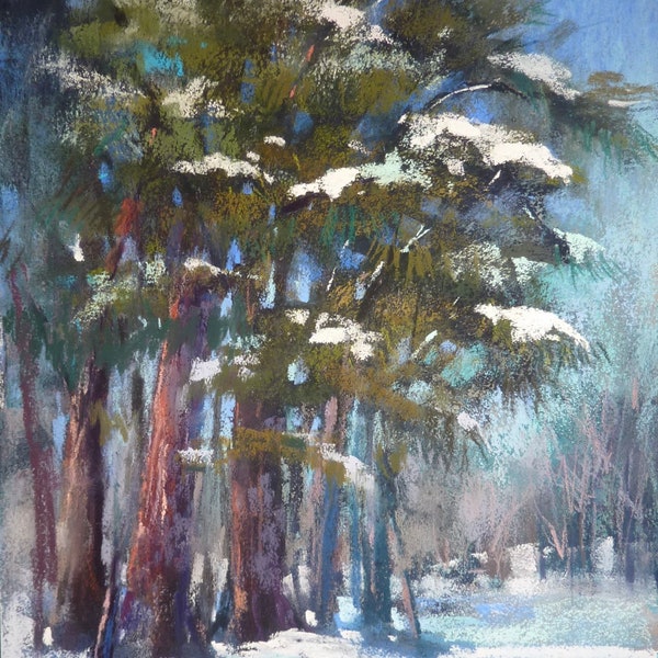 Winter Landscape Pine Trees Original Pastel Painting  Karen Margulis 12x9