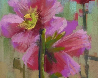 Original Pastel Contemporary Pink Hollyhocks 12x9 by Karen Margulis psa