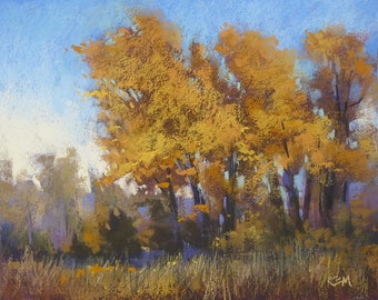 Autumn Contemporary Southwest Landscape YELLOW trees Original Pastel Painting 8x10