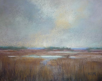 Marsh with Creek Landscape Original Pastel Painting 9x12