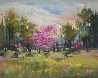 Red Bud Spring Landscape Original Pastel Painting Karen Margulis 8x10
