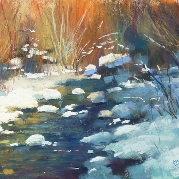 Winter Landscape CREEK Original Pastel Painting  Karen Margulis 9x12