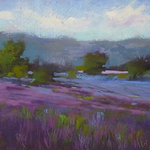 Violet Purple Lavender Field Provence  Landscape Original Pastel Painting 10x16