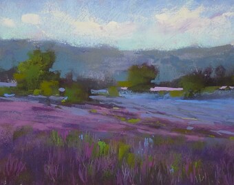 Violet Purple Lavender Field Provence  Landscape Original Pastel Painting 10x16