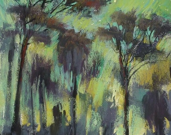 Original Pastel Contemporary Nocturne  Trees/Beach 12x9  by Karen Margulis psa