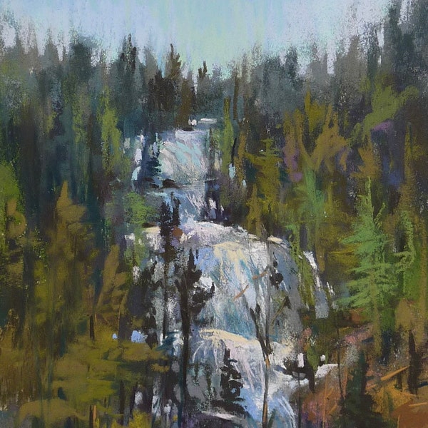 Original Pastel Painting Mountain WATERFALL Forest Woods by Karen Margulis psa