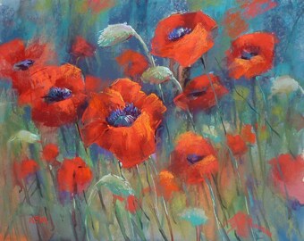 Original Pastel Painting Poppy Red Poppies floral 18x24 by Karen Margulis psa