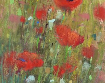 Original Pastel Painting Poppy Meadow Landscape 11x6 by Karen Margulis psa