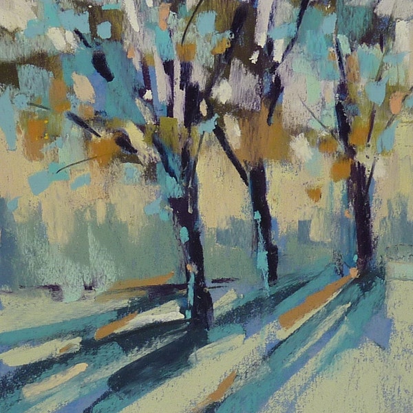 Landscape Painting Turquoise Yellow TREES abstract ART Original Pastel Painting 5x5