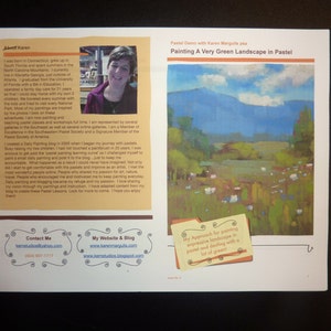 May include: A woman smiles in a photo next to a text description of her art and her journey as a pastel artist. The text includes her website and contact information. The second half of the image shows a pastel painting of a green landscape with a blue sky and white clouds. The text "Painting A Very Green Landscape in Pastel" is at the top of the painting.