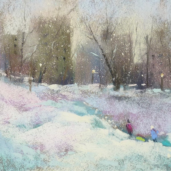 Winter Landscape Sledding CHICAGO Park Original Pastel Painting  Karen Margulis 8x10