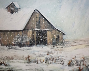 Winter Landscape Midwestern BARN in snow Original Pastel Painting  Karen Margulis 12x18