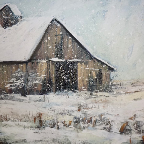 Winter Landscape Midwestern BARN in snow Original Pastel Painting  Karen Margulis 12x18