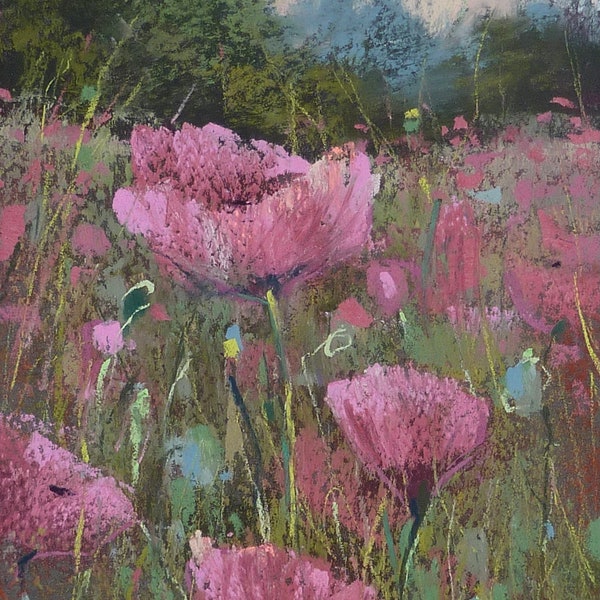 Original Pastel Contemporary Wildflowers PINK Poppies 7x5 by Karen Margulis psa