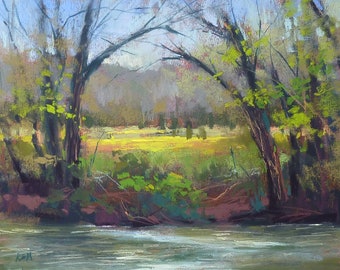 Spring Landscape with River Original Pastel Painting 9x12