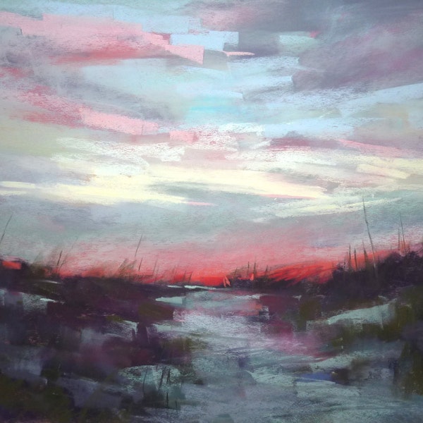 LowCountry Sunset Pink Cloud  18x24 Original Pastel Painting Orange,salmon,blue