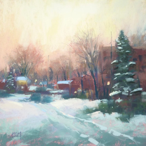 Winter Cityscape with Snow Sunrise Original Pastel Painting  Karen Margulis 12x12