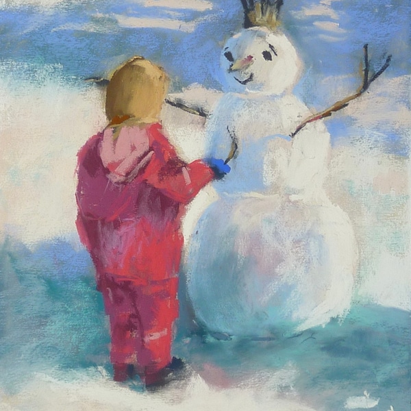 Winter Snowman Figure in Snow  Original Pastel Painting  Karen Margulis 12x9