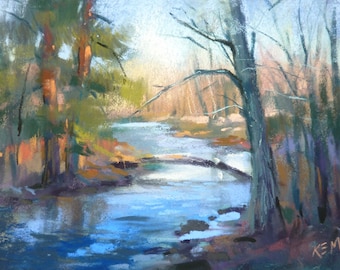 Peaceful Forest Landscape with River Original Pastel Painting