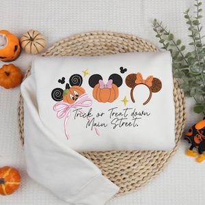 Magic Castle Coquette Bow Embroidered Sweatshirt, Halloween Pumpkin Shirt, Mouse Pumpkin Tee, Cute Spooky Season, Halloween Vacation