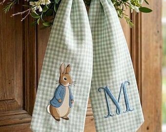 Embroidered Custom Monogram Easter Wreath Sash, Personalized Bunny Basket Bow With Name, Spring Toile Front Door Bow