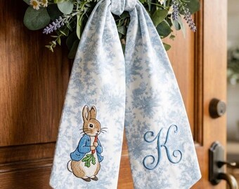 Embroidered Easter Bunny Wreath Sash, Spring Easter Decor Ribbon, Personalized Monogram Basket Bow, Wreath Sash Decoration