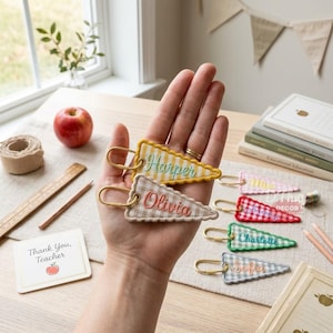 Embroidered Custom Pennant Name Keychain, Backpack Name Tag, Personalized Gingham Patch Key Ring, Colorful Bag Charm, Teacher Gift
