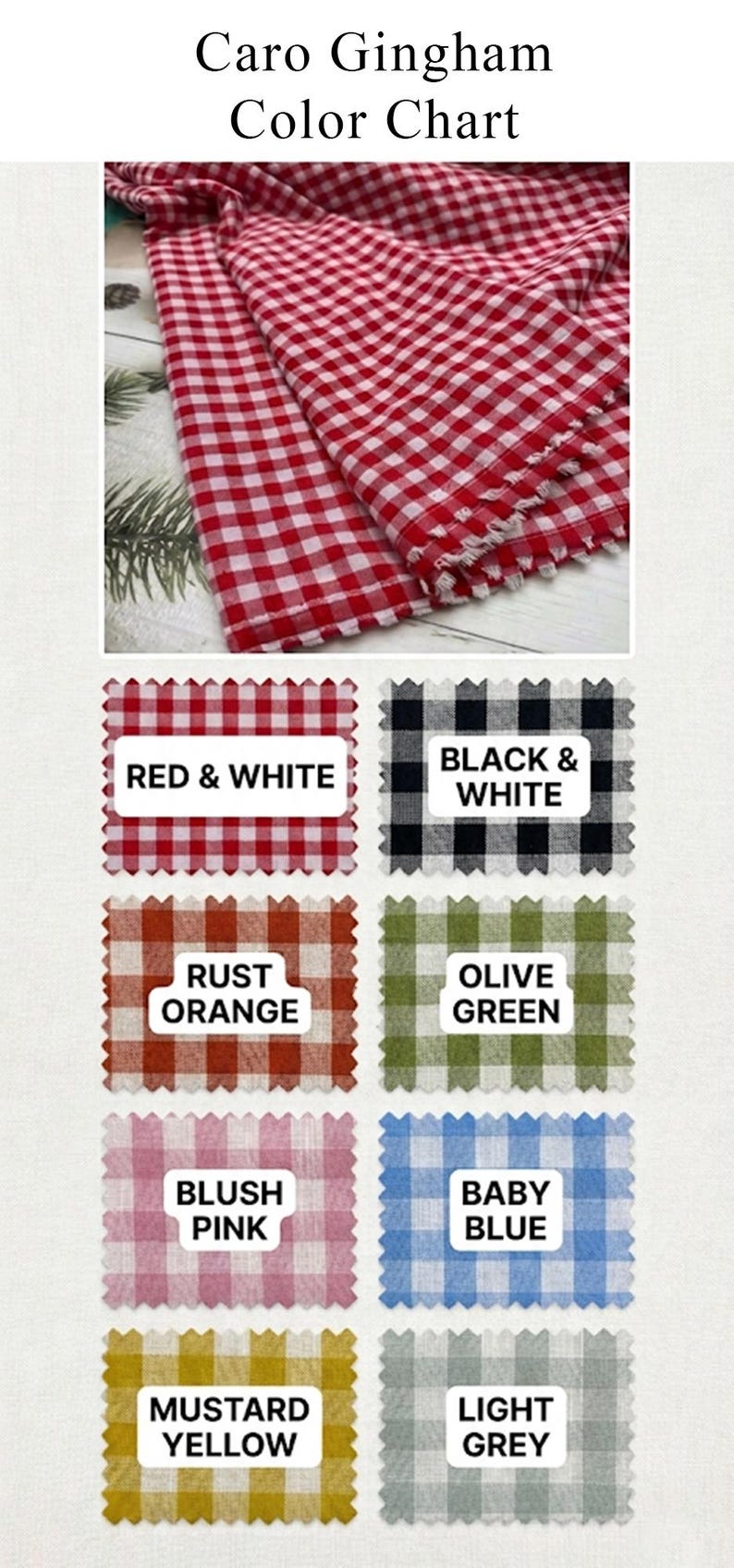 May include: A color chart showcasing Caro Gingham fabric swatches in various colors. The chart includes red and white, black and white, rust orange, olive green, blush pink, baby blue, mustard yellow, and light grey gingham patterns.