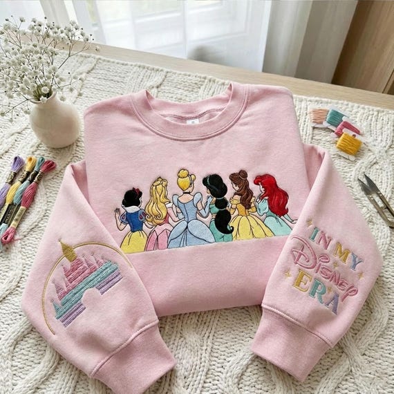 Embroidered Princess Family Sweatshirt, Magical Land Matching Shirt, Vintage Princess Embroidered Sweater, Girl Trip Gift