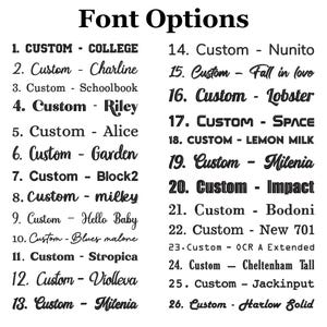 May include: A black and white graphic displaying a list of 26 font options. Each font is labeled with a number and the word "Custom" followed by the font name, such as "College" or "Lobster".