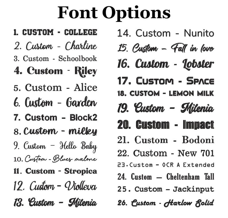 May include: A black and white graphic displaying a list of 26 font options. Each font is labeled with a number and the word "Custom" followed by the font name, such as "College" or "Lobster".