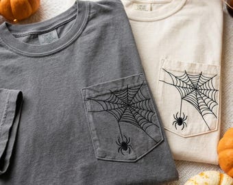 Comfort Color Embroidered Spider Pocket Tee, Vintage Halloween Shirt, Spooky Season Tee, Spiderweb Tee, Halloween Gift