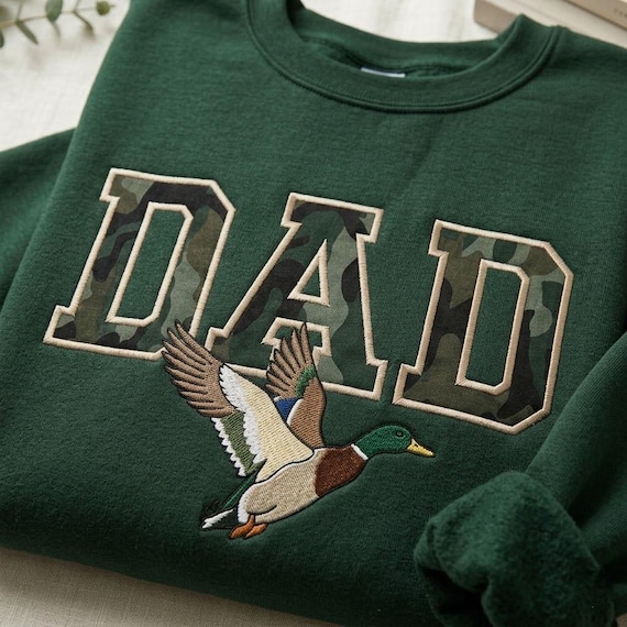 Embroidered Camo Duck Dad Sweatshirt, Duck Hunting Shirt, Varsity Dad Applique Crewneck, Applique Apparel, Hunting Dad Gift