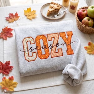 May include: A light grey crewneck sweatshirt featuring the word COZY in large, orange, patterned fabric block letters with the word season embroidered in brown cursive script across the centre of the letters on the front of the garment.