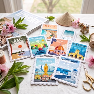 Op de afbeelding: Een verzameling rechthoekige geborduurde patches met reisillustraties van Bali, Vietnam, Nice, Florence, Ho Chi Minhstad, Bangkok en Santorini. Elke patch heeft een geschulpte witte rand en toont iconische bezienswaardigheden.