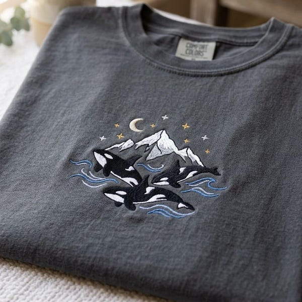 Comfort Colors Embroidered Orcas Shirt, Pacific Wildlife Shirt, Killer Whale Marine Tee, Coastal Nature Top, Marine Gift