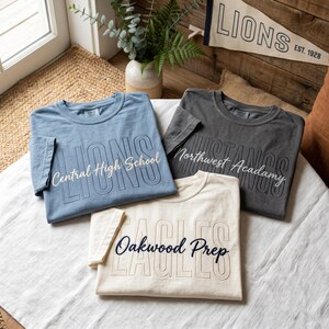 May include: Three short-sleeve t-shirts in blue, charcoal gray, and cream. The blue shirt features the text Central High School and LIONS. The gray shirt features Northwest Academy and MUSTANGS. The cream shirt features Oakwood Prep and EAGLES.